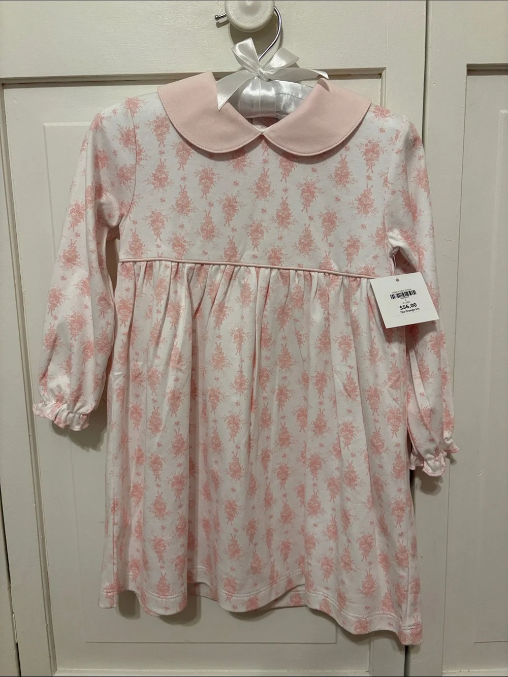 Girls' Pink Floral Long-Sleeve Dress with Peter Pan Collar